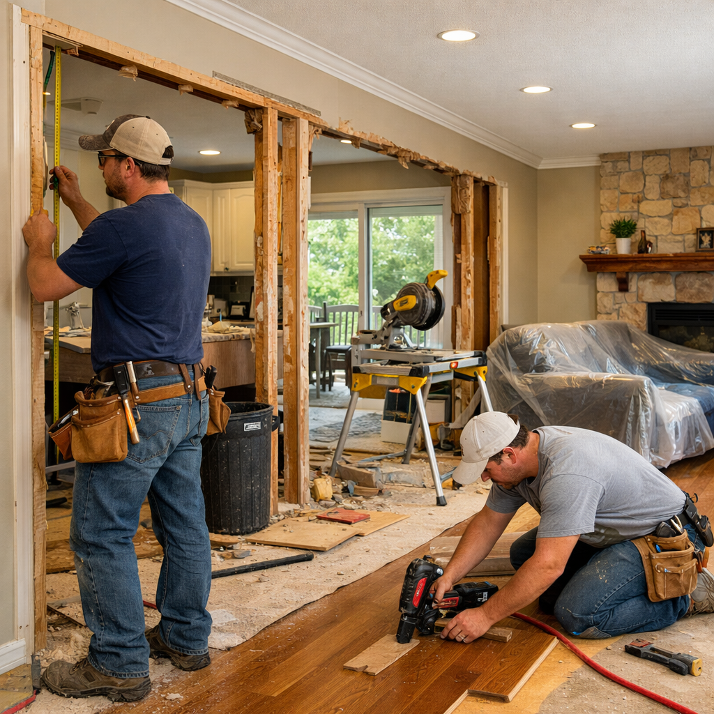 Two workers framing a doorway and laying hardwood